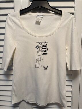 Sonia Rykiel White Scoop Neck Tee with Black Line-Drawn Graphic size Small